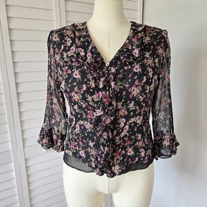 Edward Silk Floral Ruffle Blouse Sz L Romantic Sheer Cottagecore Vtg Whimsigoth‎